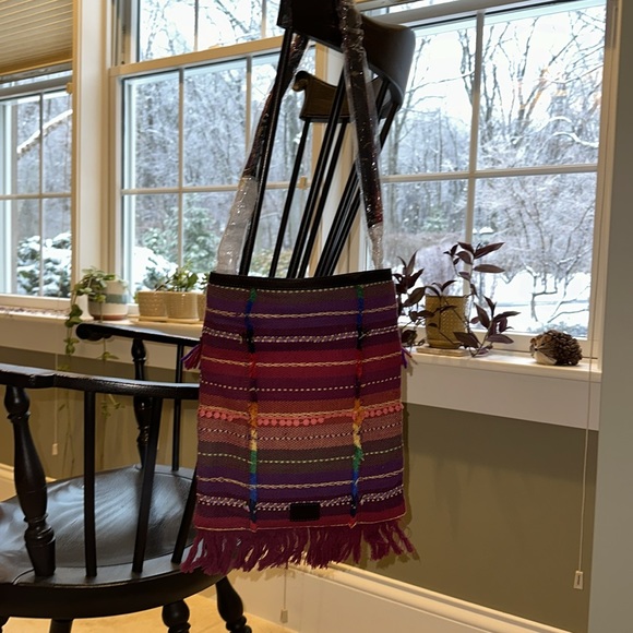 TOMS women’s Crossbody Bag Rainbow Summit Stripe Embellished Boho Tassel Artisan - Picture 9 of 16